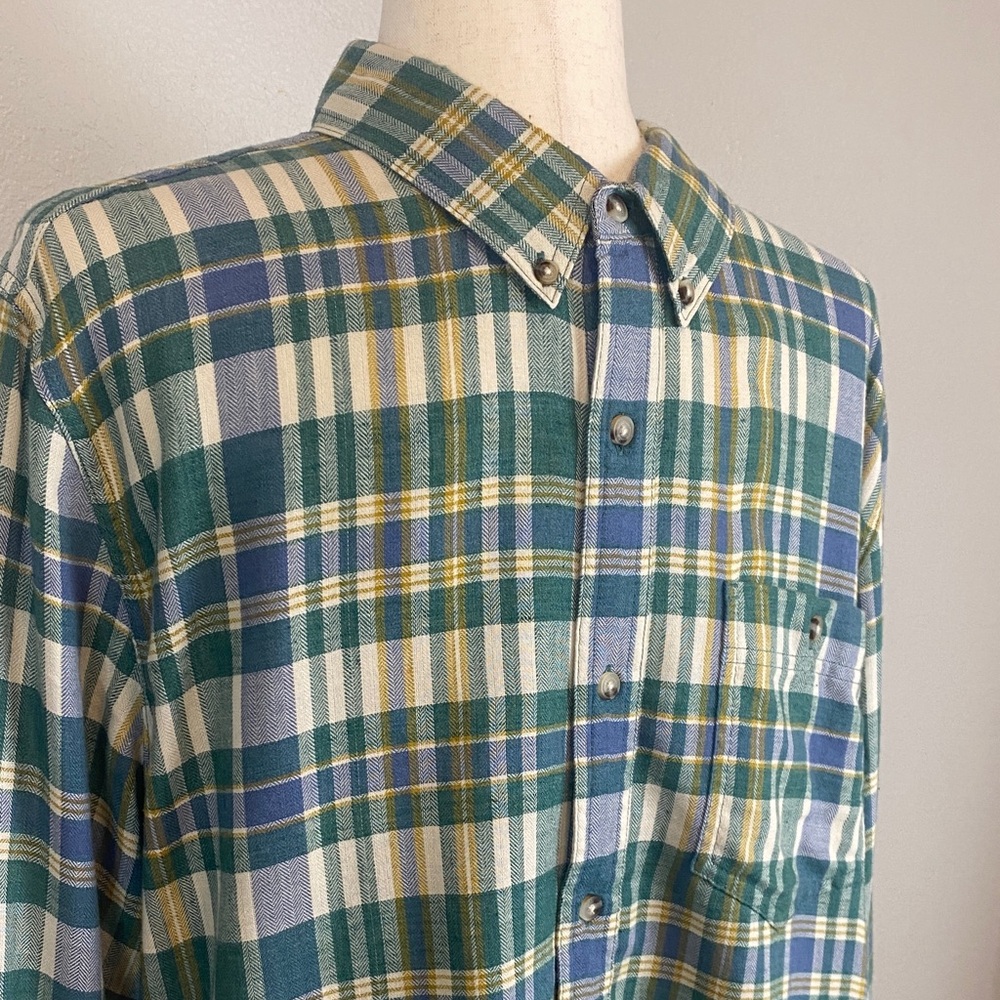 Toad&Co Blue Green Yellow Cotton Plaid Men's Large Button Down Collared Shirt